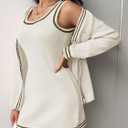 Fisoew Womens 2 Piece Outfits Casual Button Down Cardigan Sleeveless Loose Mini Dress Knit Sweater Sets (Medium, Beige)