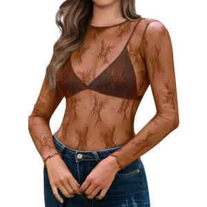OFEEFAN Womens Mesh Tops Lace Long Sleeve Shirts Crewneck Slim Fitted Outfits See Through Blouses (Brown, XXL)