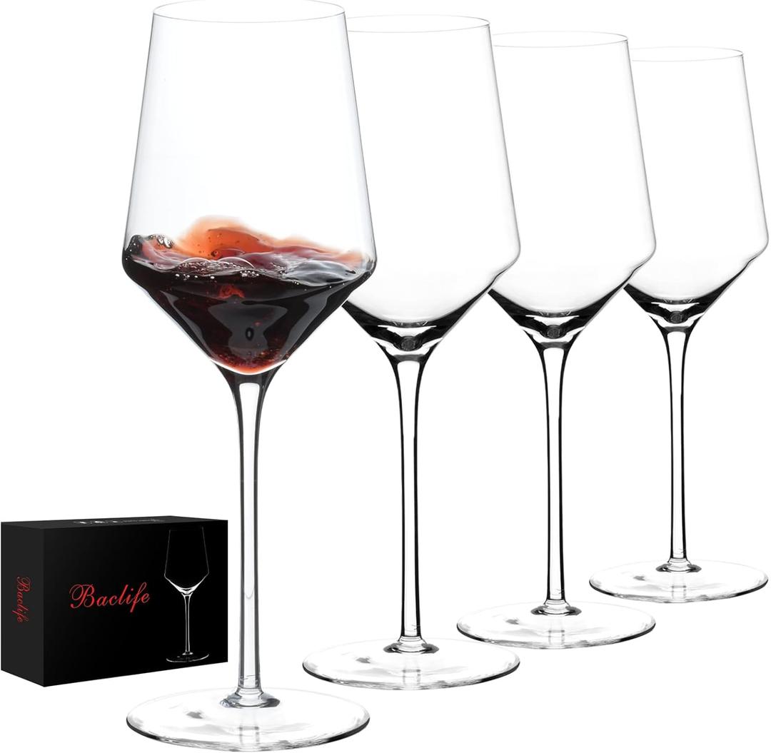 BACLIFE Hand Blown Red Wine Glasses Set of 4  15 oz Premium Crystal Wine Glasses With Long Stem  Unique Gift for Mother's Day, Birthday, Wedding, Daily Use (large)