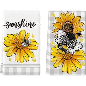 Artoid Mode Buffalo Plaid Sunflowers Bee Sunshine Spring Kitchen Towels Dish Towels, 18x26 Inch Farmhouse Summer Floral Decoration Hand Towels Set of 2 (Beige)