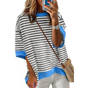 JEKAOYI Womens Tops Casual Oversized Striped Short Sleeve T Shirts Crewneck Pullover Loose Blouse (Small)