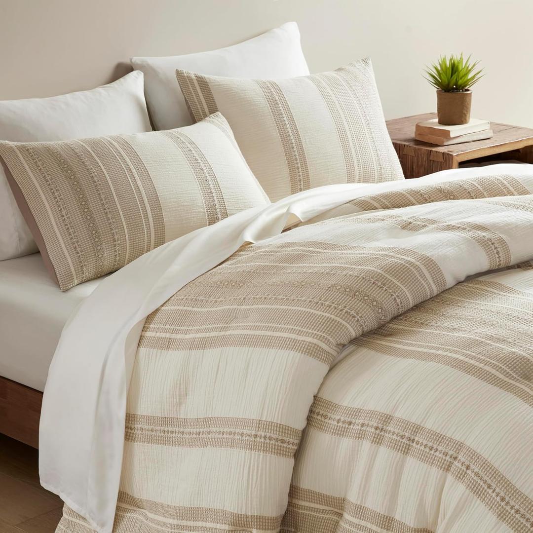 Woolrich Queen Comforter Set Cotton Striped, Oversized Comforter, All Season Down Alternative Overfilled Queen Size Comforter, Mesa, Full/Queen Tan 3 Piece