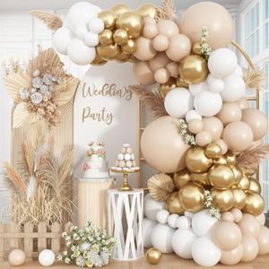 White and Gold Balloon Arch Kit Nude White Beige Balloon Garland With Metallic Gold Party Helium Balloons Neutral Cream Balloon for Boho Wedding Baby Shower Bridal Engagement Birthday Decor