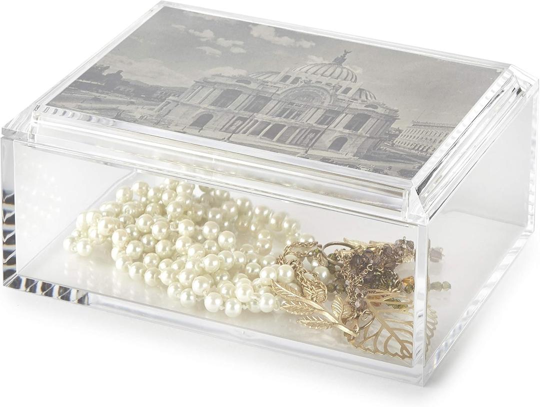 Huang Acrylic Rectangular Jewelry Box with Photo Lid | 5"x7" Multipurpose Storage Box for Keepsakes, Jewelry, Trinkets