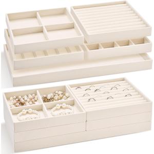 Cinnvoice Set of 10 Stackable Jewelry Organizer Trays for Drawer 14 Inch Velvet Jewelry Drawer Insert Display Storage with Removable Divider for Necklace Earring Ring Watch Bracelet (Beige)