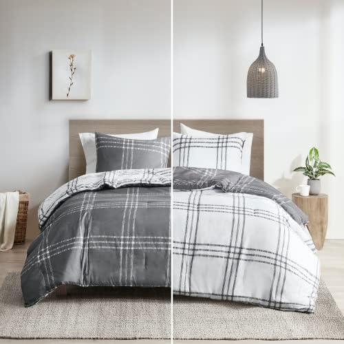 Intelligent Design Pike Reversible Comforter Set, Cottage Plaid Print, Modern Cabin Lifestyle, Down Alternative, All Season Bedding with Matching Sham, Full/Queen White/Grey 3 Piece