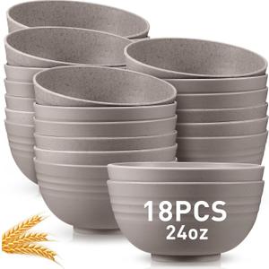 Geosar 18 Pcs Unbreakable Cereal Bowls 24 Oz Microwave and Dishwasher Safe Wheat Straw Fiber Lightweight Bowl for Soup Kitchen Serving Salad Dishes Oatmeal(Gray)