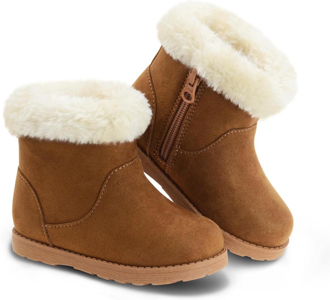 Girls-Boots-Warm-Ankle-Winter-Boots Kids Soft Plush Lining Fur Collar with Zipper Snow Bootie Indoor Outdoor Shoes for Toddler Little Big Kids Girls (Brown)