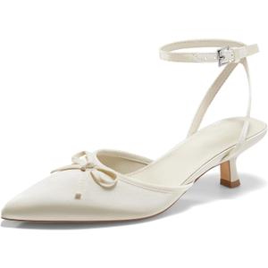 Coutgo Satin Kitten Low Heels with Bow Closed Pointed Toe Short Pumps Dress Wedding Party Shoes (7.5, Beige)