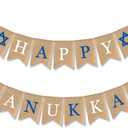 CAVLA Happy Hanukkah Burlap Banner Jute Hanukkah Banner Garland with Star of David and Menorah Signs Chanukah Festival Party Decorations for Hanukkah Holiday Mantel Fireplace Party Supplies