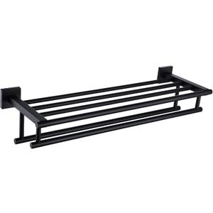 KOKOSIRI Bath Towel Rack with Double Towel Bars Bathroom Towel Shelf 24 Inch Towel Holder Wall Mounted Stainless Steel, Matte Black, B6005BK-L24