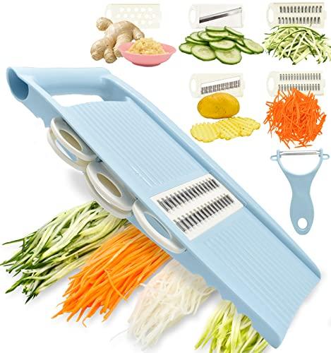 NACOLUS 5 in 1 Mandoline Slicer for Kitchen, Vegetable Slicer Multi Blade Potato Chip, Veggie shredder, Vegetable Cutter, Julienne Shredder and peeler For Small Job In Kitchen Blue