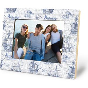 Vintage Blue and White Nautical Picture Frame 5x7, Sailboat Gifts, Coastal Old Sailboat and Sea Monster Photo Picture Frames for Beach House Desk Tabletop Wall Display Decorations