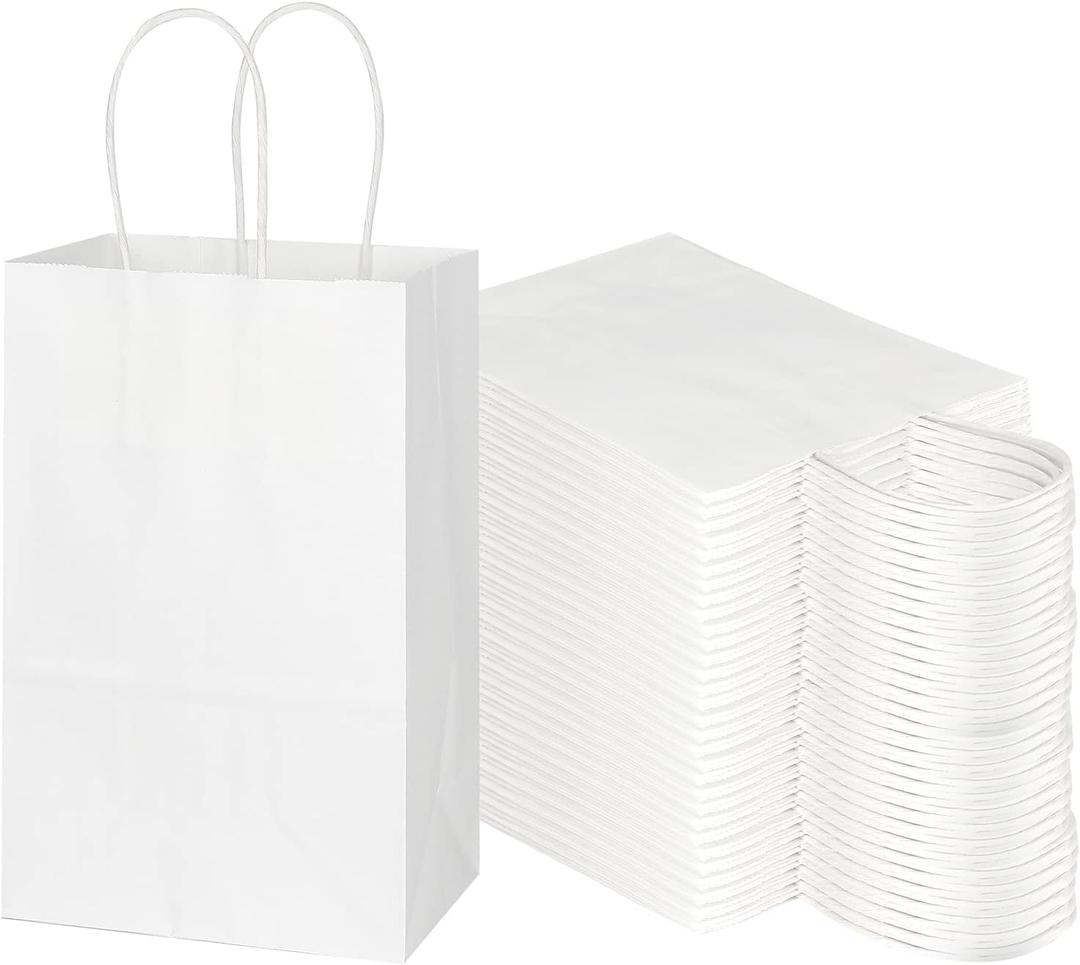 Toovip 100 Pack 5.25x3.25x8.25 Inch Small White Kraft Paper Bags with Handles Bulk, Gift Wrap Bags for Favor Grocery Retail Party Birthday Shopping Business Goody Craft Sacks Merchandise Take Out Cub