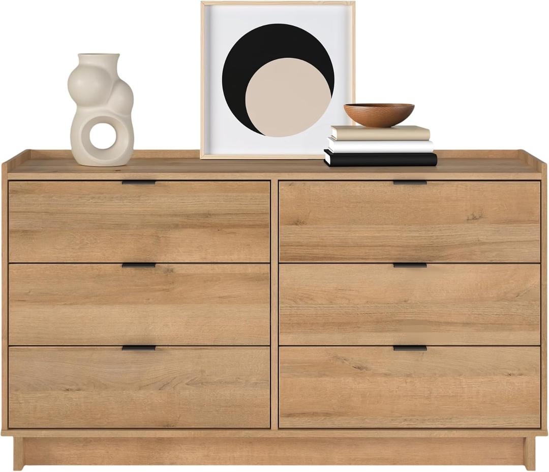 Prepac Simply Modern 6-Drawer Double Dresser for Bedroom, Chest of Drawers, Modern Bedroom Furniture, 52.5 Wide x 16 deep x 29.5 Tall, Oak
