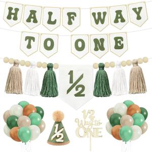 1/2 Birthday Boy Half Birthday Decorations, Half Way To One High Chair Banner With Cone Hat Cake Topper Decorations, 1/2 Birthday Hat for Boys and Girls, 6 Months Birthday Decorations Party Supplies