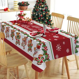 Merry Christmas Gingerbread Man Rectangle Tablecloth 60 x 84 Inch, Xmas Peppermint Candy Holly Red Berry Decorative Table Cloth Dining Table Cover, Winter Holiday Dinner Party Picnic Decoration, Rectangular