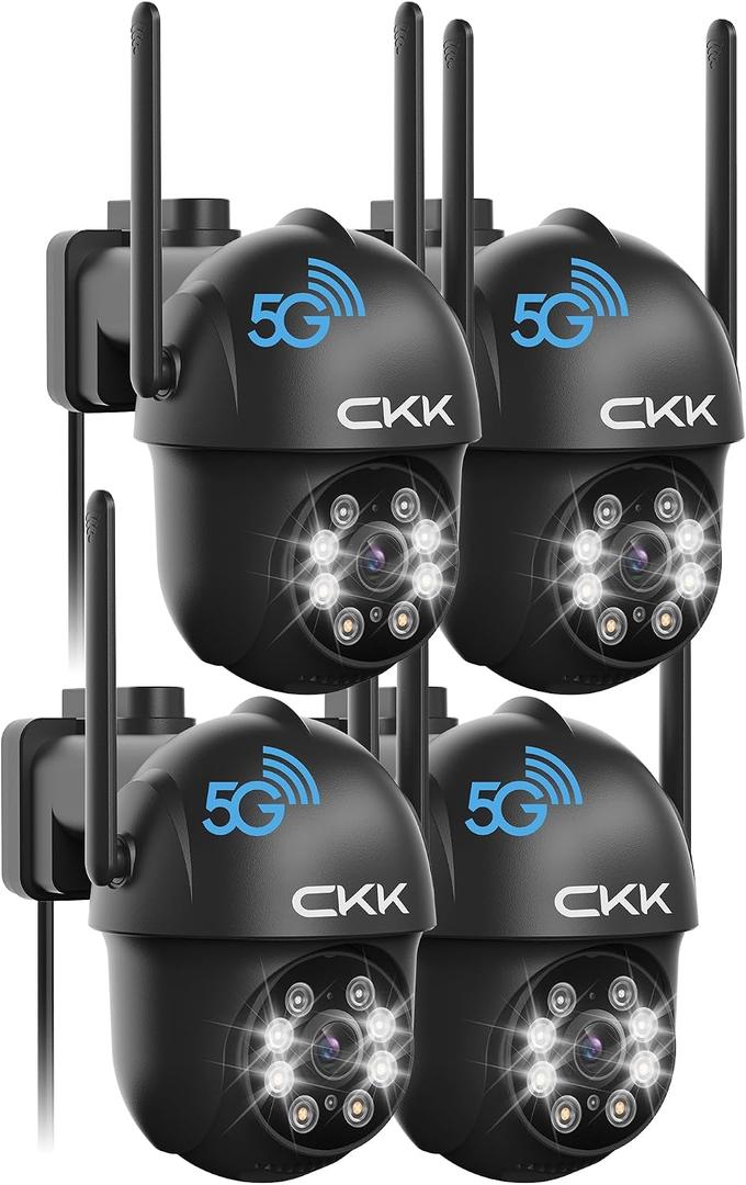 CKK 2K Security Camera Outdoor Corded Power, 4 Pcs 3MP PTZ WiFi Home Security Camera - 2.4G/ 5G Dual-Band, 360° Pan-Tilt, Color Night Vision, Motion Alerts, 2-Way Audio, 24/ 7 Recording, Waterproof
