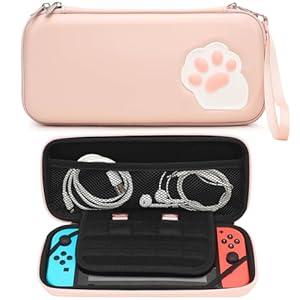 Pink Cat Paw Carrying Storage Case Compatible with Nintendo Switch/ Switch OLED Model, Portable Travel Hard Shell Bag with Hand Strap