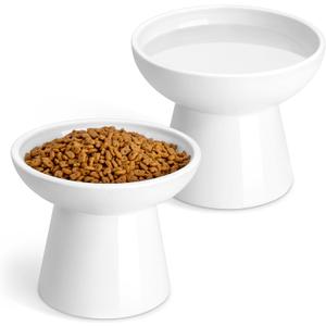 vancasso Elevated Cat Bowls 2-Pack, Ceramic Raised Cat Food and Water Dishes with 5.1" Height & 6.2" Wide Opening - Anti Vomit, Whisker Fatigue Relief for Senior Cats, and Small Dogs (White)