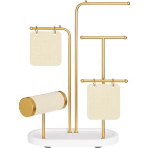 SONGMICS Jewelry Stand, Jewelry Organizer, Jewelry Display Holder with Metal Frame, 2 Earring Boards, 4 Hanging Rods, Necklace Earring Bracelet Holder, for Watches, Metallic Gold UJJS025A01