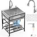 25x22 Inch Stainless Steel Utility Sink-Freestanding Laundry Sink Practicality With Accessories Stainless Functional Faucet,Soap Dispenser, SS Sink Grid For Laundry,Garage,Outdoor Kitchen,Garden...