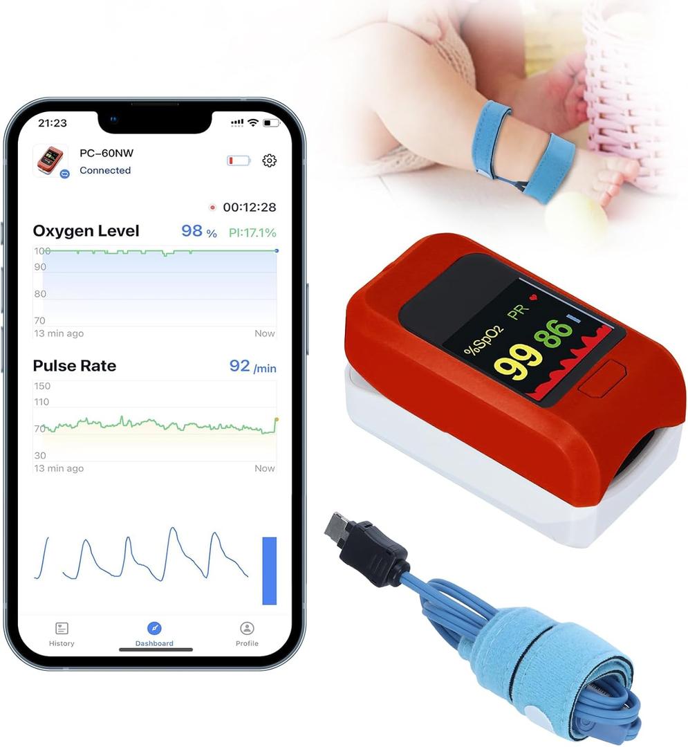 Baby Oxygen Monitor with Bluetooh App, Tracks Baby's Heart Rate, Oxygen Level, Baby Sleep Monitor, Adjustable Foot Band for 0-36 Months Infant, Non-Medical Use Only