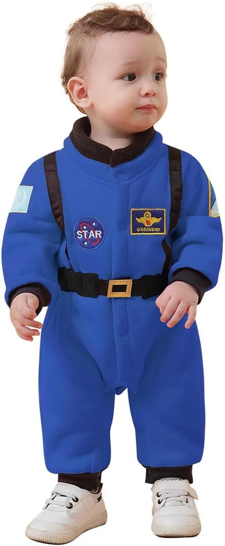 OLLULL Baby Astronaut Costumes, Unisex Toddler Space Suit, Halloween Dress Up Romper Pilot Costume(Blue,12-18 Months)