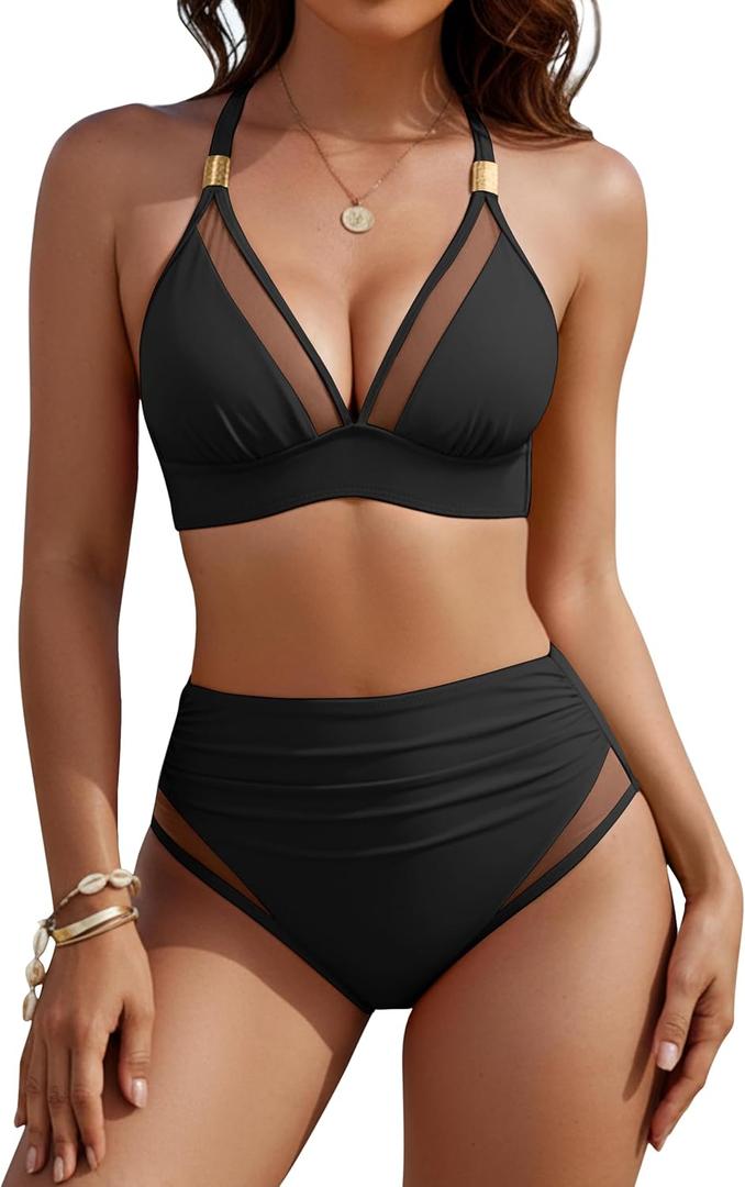 Blooming Jelly Womens High Waisted Bikini Tummy Control 2 Piece Bathing Suit Mesh Modest Two Piece 2026 Swimsuit (Large, Black)
