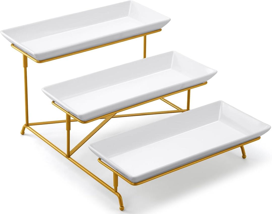 Yedio 3 Tier Serving Tray Set 14 Inch Porcelain Tiered Serving Platters, Collapsible Sturdier Stand with Stable Cross Bars, Three Layer Serving for Party Entertaining Food Display Fruit Dessert (15" x 13" x 9", Gold)