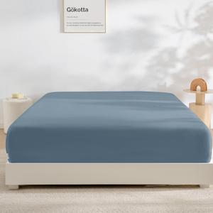 GOKOTTA Fitted Sheet Queen Only,100% Rayon Derived from Bamboo Fitted Sheet,Ultra Soft,Cooling and Breathable Bottom Sheet with 4 Elastic Corner Straps,No Slip,No Pilling,16" Deep Pocket-Blue