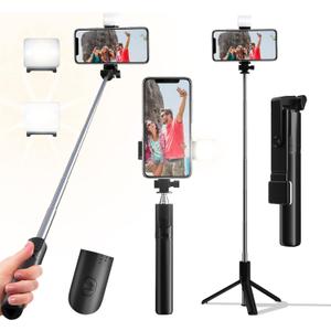 Selfie Stick, 40 in Retractable Phone Tripod with Wireless Remote Control & Light, Portable Selfie Stick Tripod for Photograph, Live Streaming, Video Recording, Compatible with All Cellphones (Black)