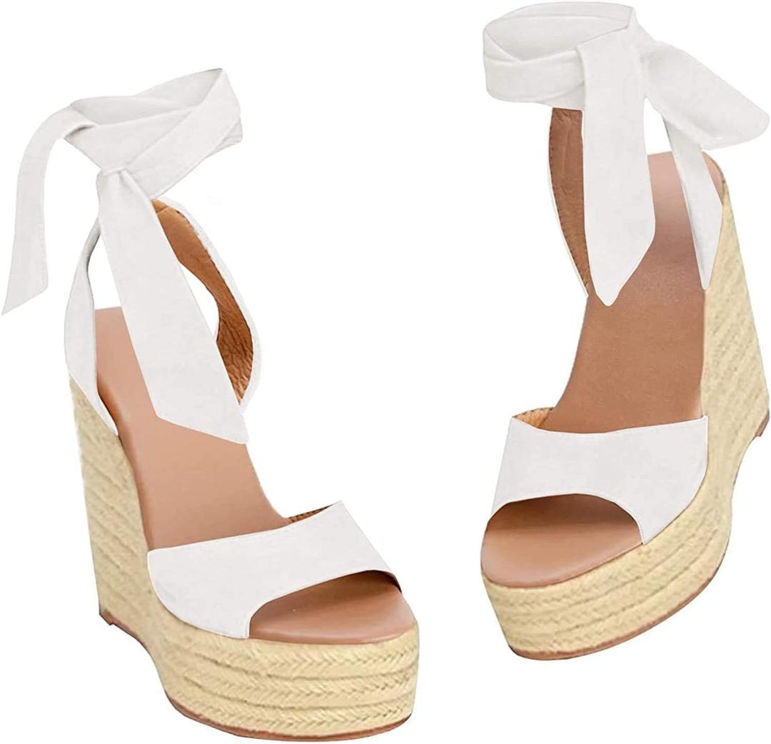 Womens Platform Espadrille Wedges Open Toe High Heel Sandals with Ankle Strap Buckle Up Shoes (7.5, White)