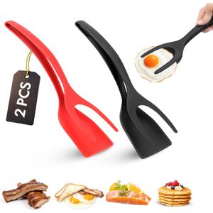 Egg Flipper Spatula Tongs (Set of 2)  Non-Stick 2-in-1 Grip & Flip Kitchen Tongs for Pancakes, Fish, Eggs, and More  Heat Resistant Cooking Tool (Black + Red)
