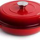 3 Quart Enameled Cast Iron Braiser, Non Stick Enameled Cast Iron Skillet with Lid, Dutch Oven Skillet with lid up to 500F for Oven, Stove, Grill, Shallow Dutch Oven for Cook, Bake (Red)