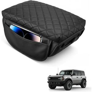 Center Console Armrest Cover Compatible with Ford Bronco Accessories 2021 2022 2023 2024 2025 2/4-Door with Leather Side Pockets Interior Accessories Prevent Scratching