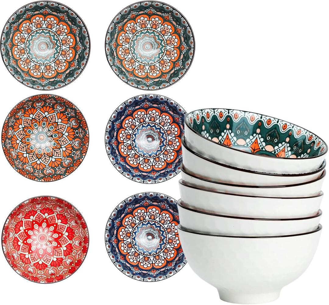 Bohemian Ceramic Bowls Set, 4.5 Inch Porcelain Cereal Bowls, Vintage Boho Style for Rice, Soup, Cereal,Salad,Decorative Set for Kitchen & Dining (Set of 6)