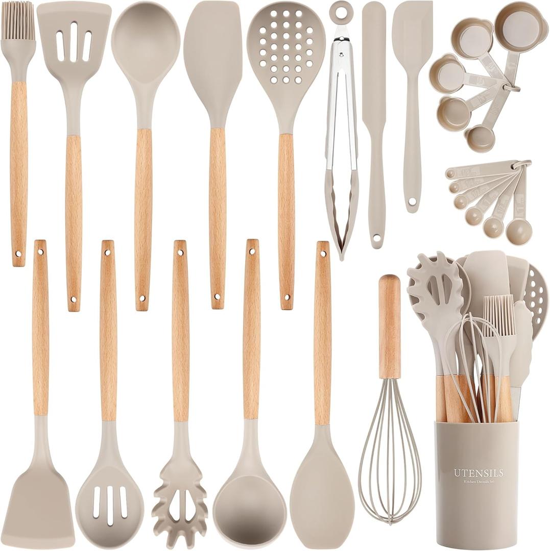 26 Pcs Silicone Cooking Utensils Set with Holder, NCUE BPA Free Kitchen Utensils Set for Cooking, 446F Spatulas Silicone Heat Resistant Wooden Handle Spoon Tongs Non-stick Kitchen Gadgets (Khaki)