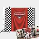 7x5ft Car Black White Grid Red Birthday Themed Backdrops Racing Flag Red Photo Backgrounds for Photography Happy Birthday Party Banner Photo Booth Props