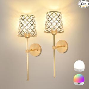 Rayspan Crystal Battery Operated Wall Sconces Set of 2, Gold Rechargeable Wireless Wall Sconce Lights for Home Decor, Dimmable 12 RGB and 3CCT Wall Lamps with Remote for Living Room Bedroom Hallway
