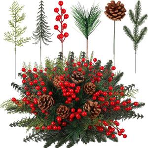 Norme 60 Pack Christmas Artificial Pine Branch Pick Spray Xmas Flower & Greenery Bouquet Red Berry Stem Cedar Tree Berry Cedar Pine is Applicable to Christmas Tree Wreath for DIY Wedding(Non-Snow)