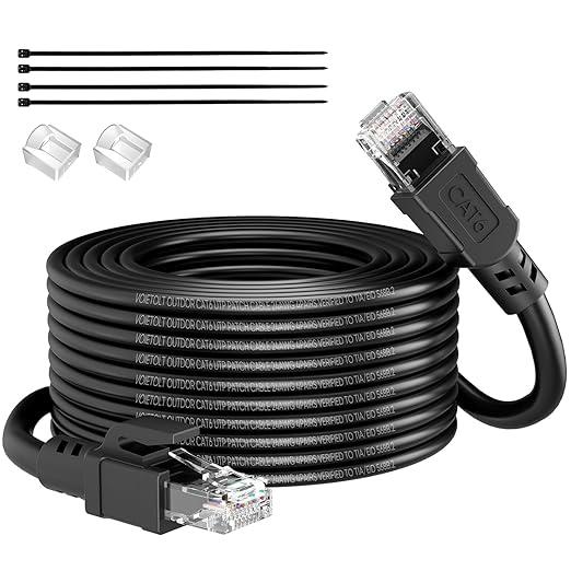 Cat 6 Outdoor Ethernet Cable 75 ft, 24AWG 10Gbps Cat6 Cable Cord Waterproof Direct Burial LLDPE UV Jacket, Internet Network Cable with 20 Ties Support POE Cat6 Cat5e Cat5, CCA, UTP for PC