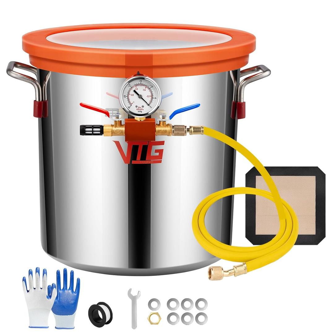VTG VOGTEN 5 Gallon Vacuum Chamber with Tempered Glass Lid,304 Stainless Steel Degassing Chamber for Stabilizing Wood, Degassing Resin, Silicone and Epoxies