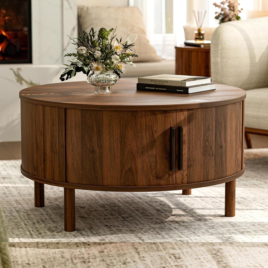 ZttRiee Coffee Table for Living Room, Modern Round Coffee Table with Cabinets & Sliding Doors, Home Small Space, 29.9" Fluted Center Table, Walnut