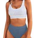 BMJL Women's High Waisted Bikini Sets Sporty Two Piece Swimsuits Color Block Cheeky High Cut Bathing Suits(M,Blue Striped)
