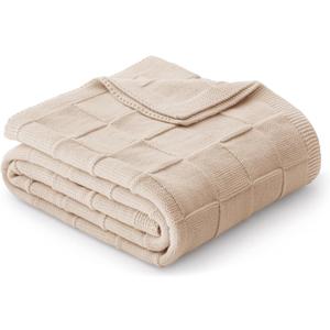 Whale Flotilla Knit Checkered Throw Blanket for Couch, Soft Fuzzy Decorative Knitted Blankets for Sofa Bed, Lightweight Cozy Warm Throws for Spring Summer, 50x60 Inch, Camel