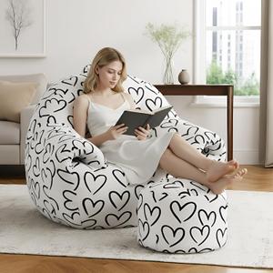 DAICO Bean Bag Chairs for Adults Giant Bean Bag Chair with Ottoman Plush Beanbag Sofa with Armrests Comfy Accent Chair Single Lazy Sofa with Foam for Living Room Reading Bedroom - Cordate Pattern