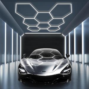 MODERN Hexagon Garage Light: Higher Brightness 38880 Lumens Honeycomb Garage Light, 8 Grid Systems 6500K, Hexagon Garage Grid Lighting for Garage, Gym, Car Detailing Shop etc.