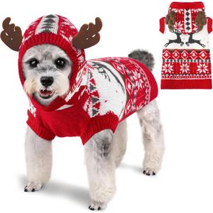 Dog Christmas Sweater Classic Red Pattern Dog Christmas Outfit with Reindeer Antler Hood Soft Warm Knitted Pet Clothes for Dogs Cats (XS (Back: 9.4",Chest: 11", Neck: 9.4"))