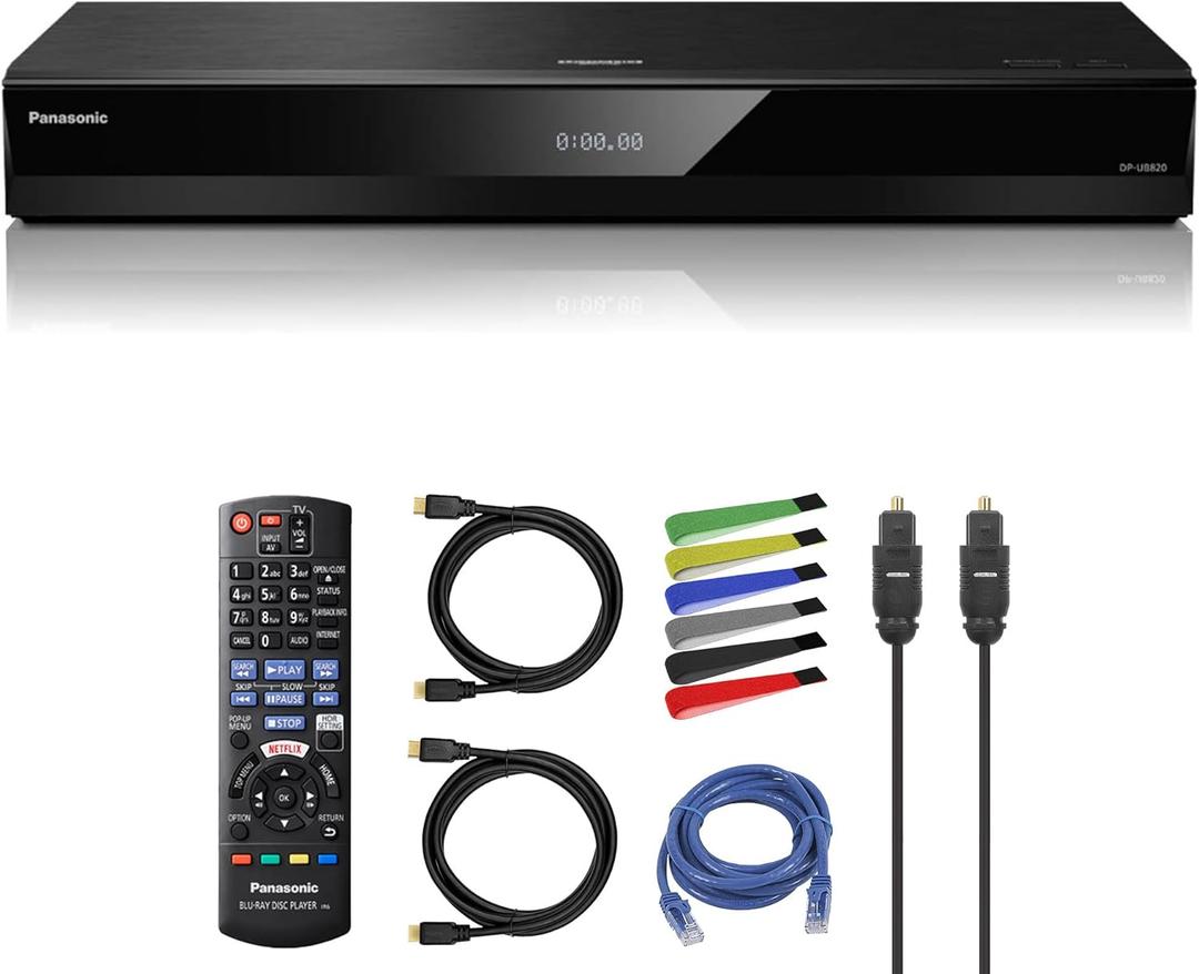 Panasonic DP-UB820-K 4K UHD Blu-ray Player With HDR10+, Dolby Vision, Network Streaming + HDMI Cables + Network and Optical Audio Cables